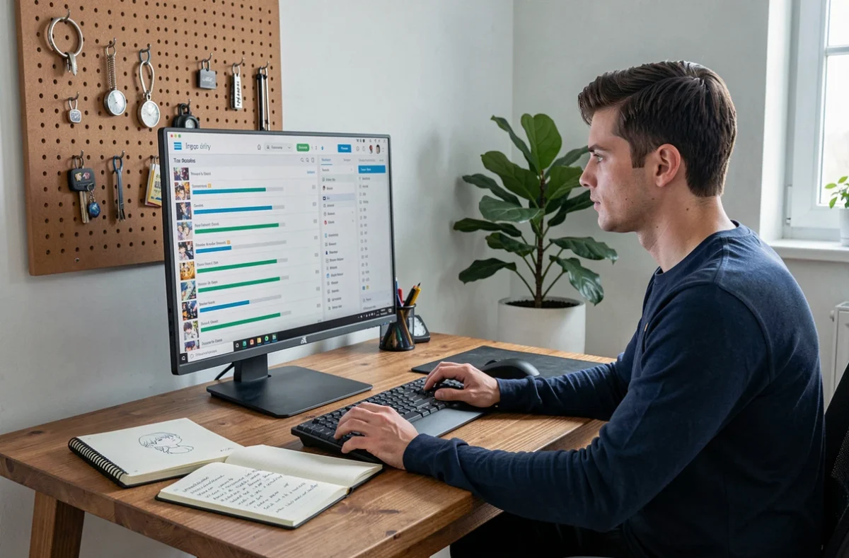 Homme organisé utilisant un tableau de bord numérique pour suivre ses chapitres et épisodes de manga sans en rater un