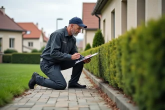 Technicien de lutte antiparasitaire inspectant la fondation extérieure