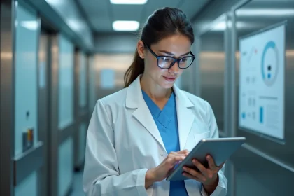 Technicienne médicale en blouse blanche examine rapports numériques