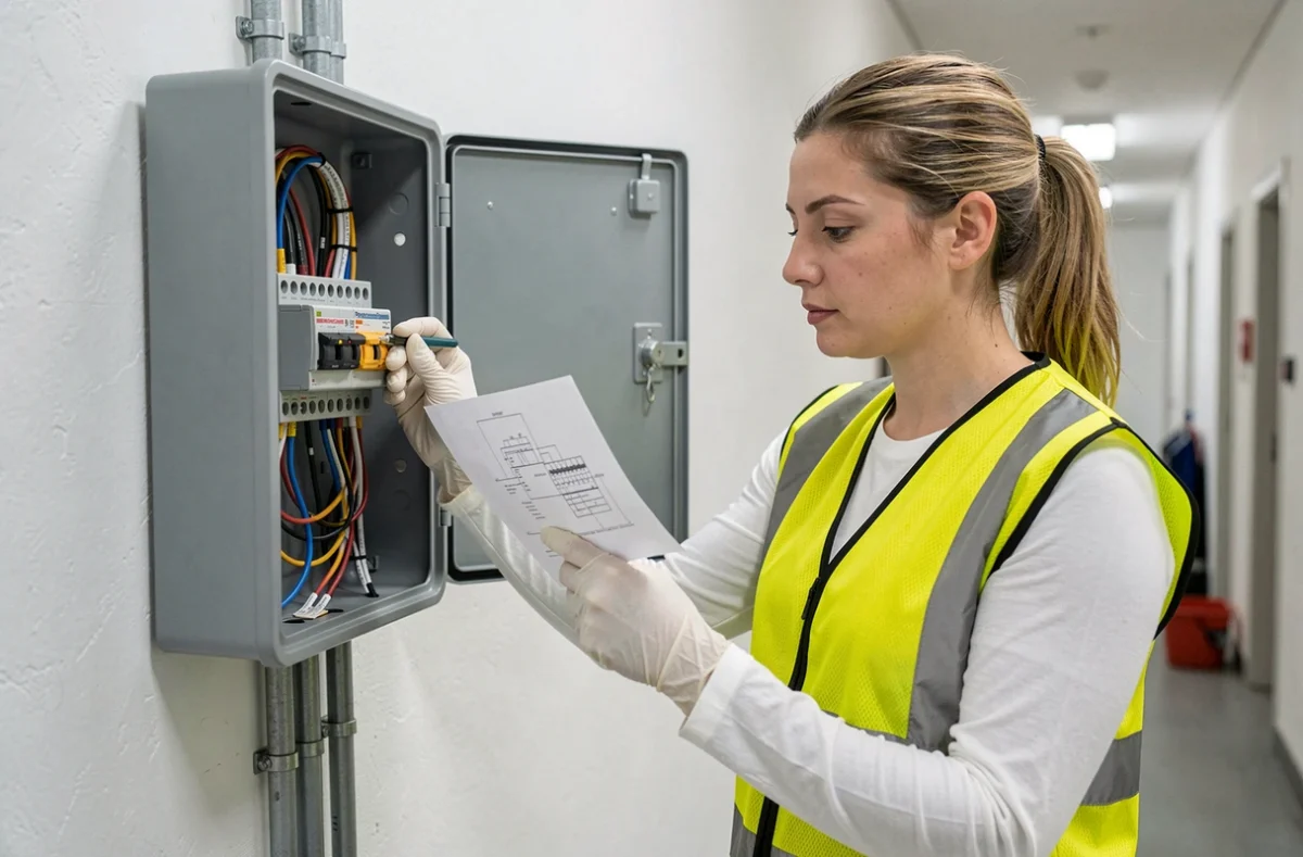 Technicienne électricité vérifiant une borne de connexion dans un coffret de distribution mural en consultant un schéma de câblage