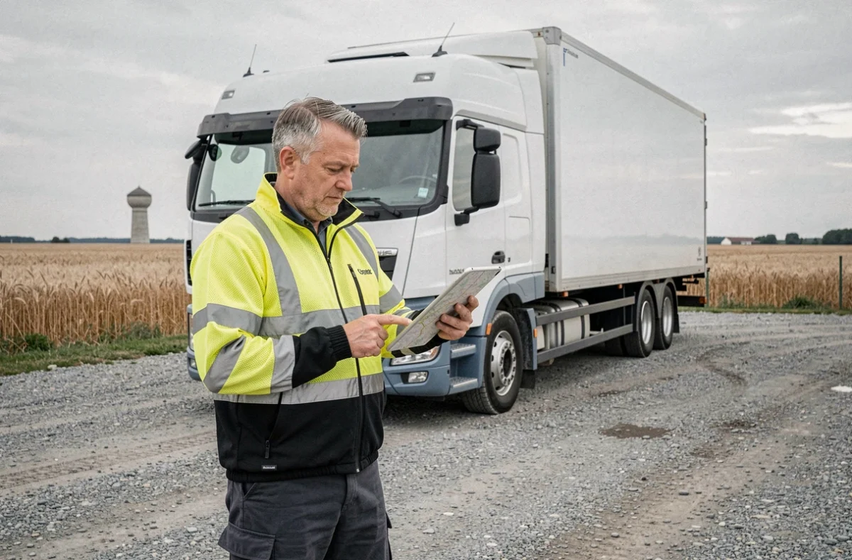 Professionnel TLD transport et déménagement consultant une tablette devant un camion logistique près d'Auneau