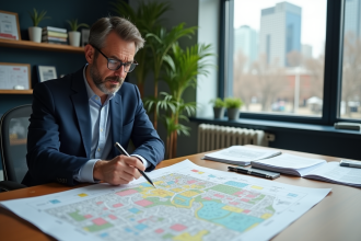 Urbaniste en réunion examinant une carte urbaine détaillée
