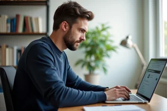 Homme utilisant un ordinateur portable pour rechercher une nouvelle adresse de site web en 2026