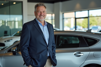 Vendeur automobile souriant à côté d'une voiture dans un showroom