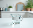 Verre mesureur avec 20 ml d'eau sur plan de cuisine