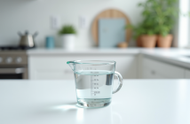 Verre mesureur avec 20 ml d'eau sur plan de cuisine