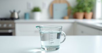 Tout comprendre sur la conversion de 20 ml en cl Verre mesureur avec 20 ml d'eau sur plan de cuisine