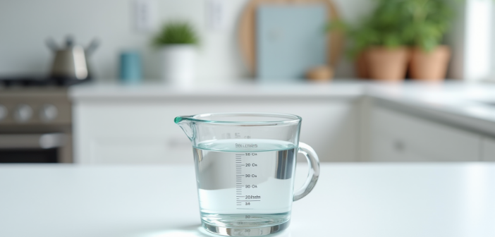 Verre mesureur avec 20 ml d'eau sur plan de cuisine