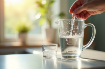 Verre mesureur rempli d'eau avec lignes de 500 ml en lumière naturelle