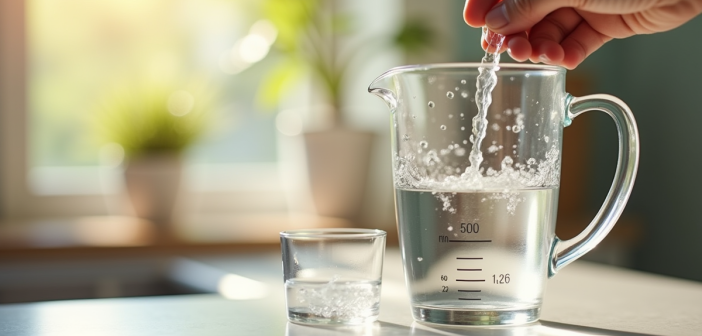 Verre mesureur rempli d'eau avec lignes de 500 ml en lumière naturelle