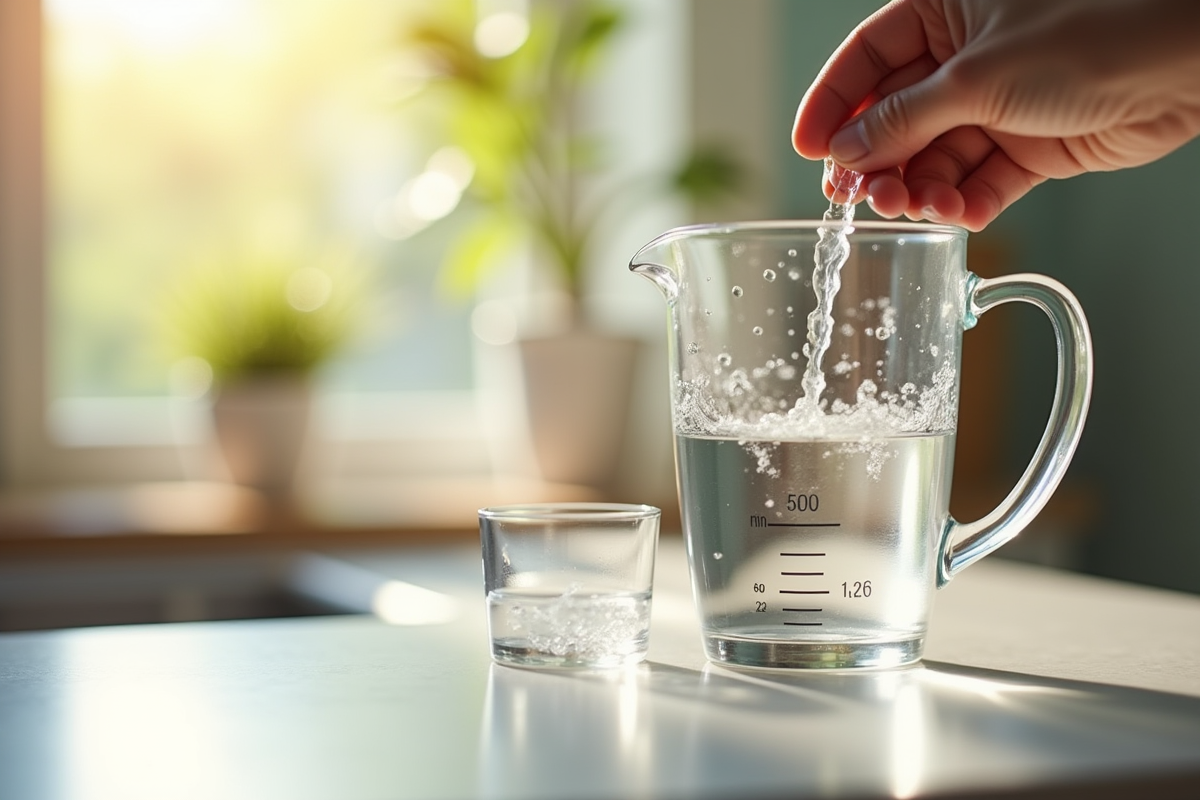 Verre mesureur rempli d'eau avec lignes de 500 ml en lumière naturelle