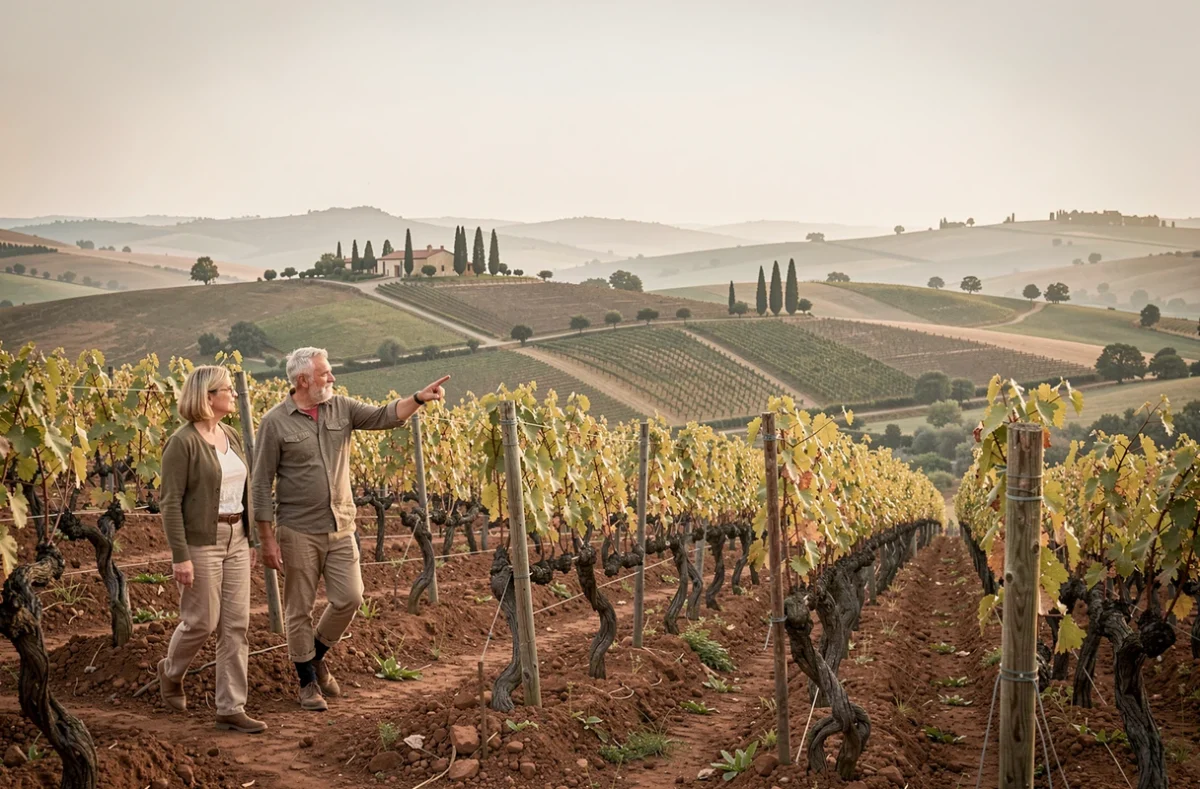 Couple se promenant dans les vignes d'Armagnac sur les coteaux autour d'Eauze dans le Gers