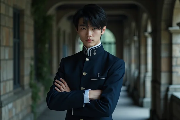 Cosplayer en uniforme d'académie sombre incarnant un personnage de villain aux yeux de renard dans un couloir de pierre atmosphérique