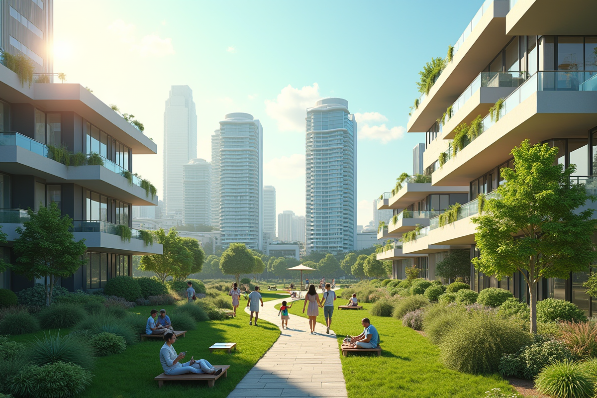 Ville futuriste en 2025 avec bâtiments durables et espaces verts