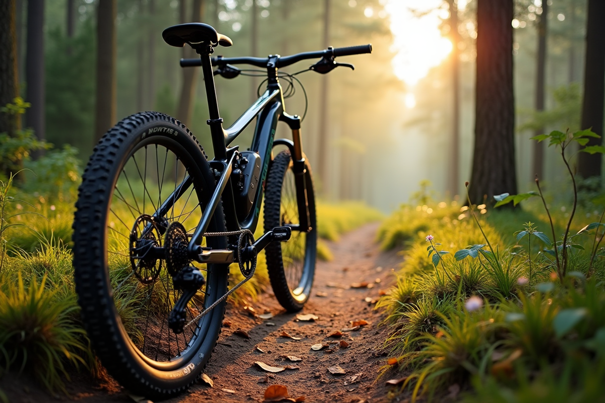 Vélo de montagne sur sentier forestier en matinée