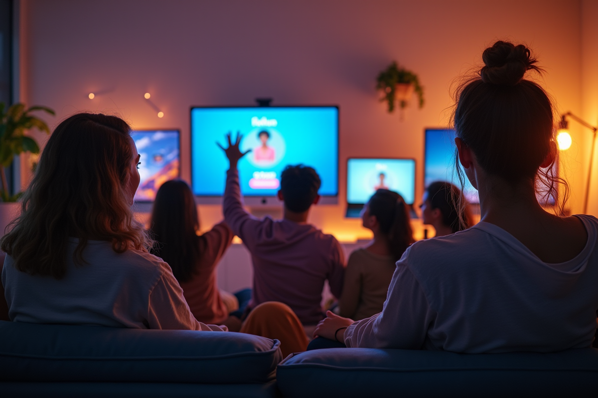 Jeunes participant à une collecte de fonds numérique dans un salon moderne