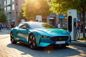 Voiture hybride moderne dans une station de charge urbaine