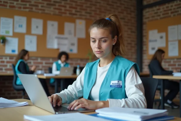 Jeune volontaire en Service Civique consultant des documents sur sa rémunération dans un bureau associatif