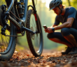 Vélo tout terrain vérifiant la pression des pneus en forêt