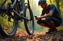 Vélo tout terrain vérifiant la pression des pneus en forêt