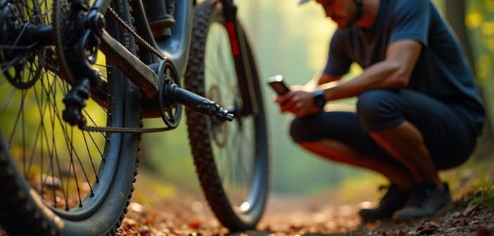 Vélo tout terrain vérifiant la pression des pneus en forêt