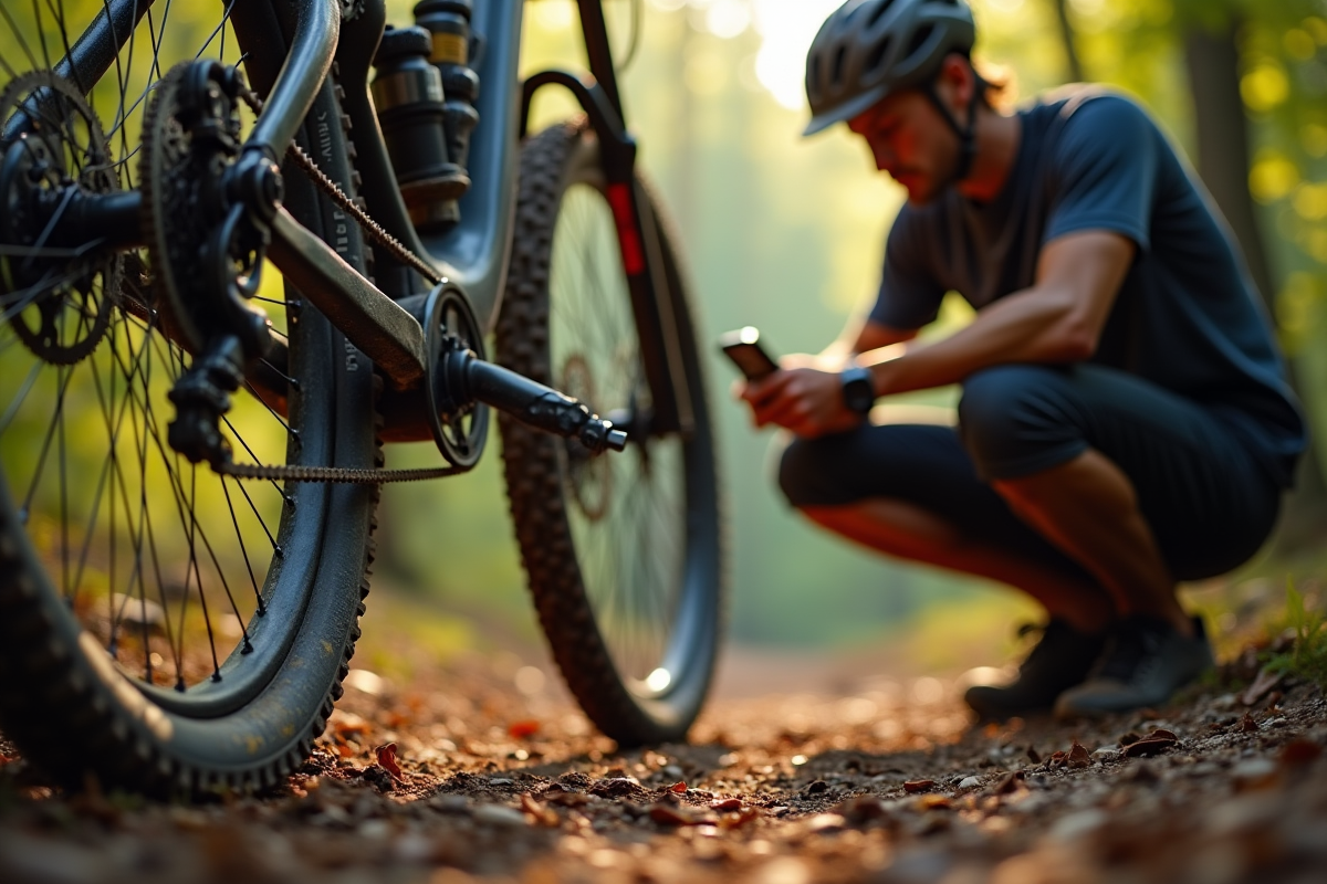 Vélo tout terrain vérifiant la pression des pneus en forêt