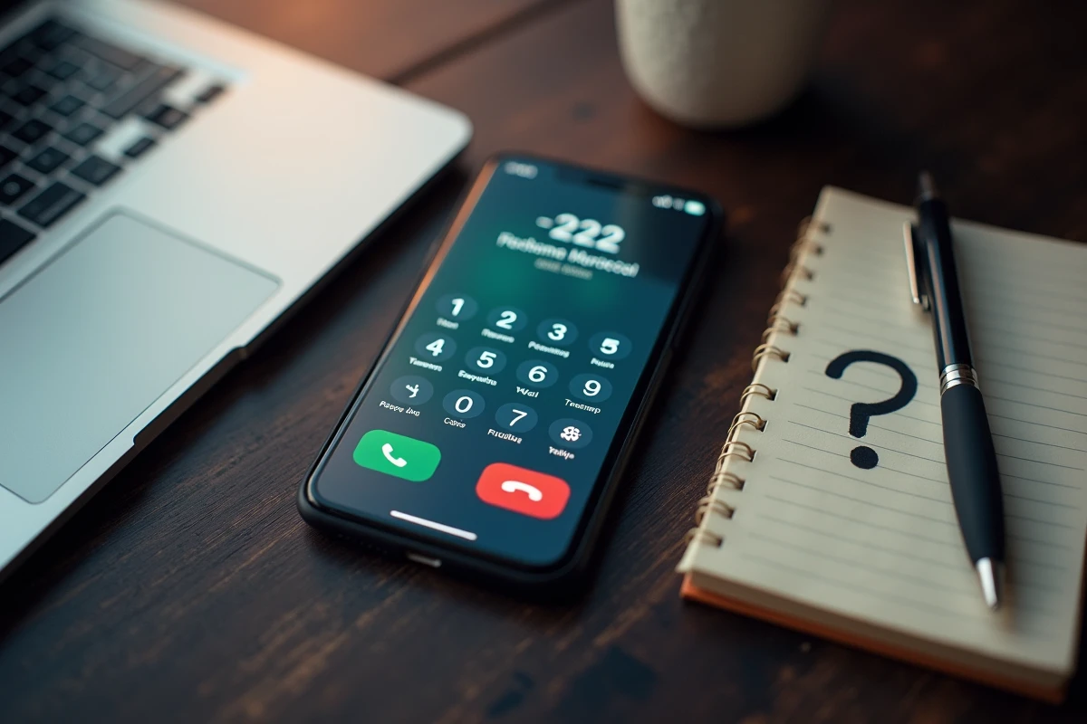 Vue aérienne d'un smartphone affichant des appels internationaux avec l'indicatif +212 sur un bureau en bois