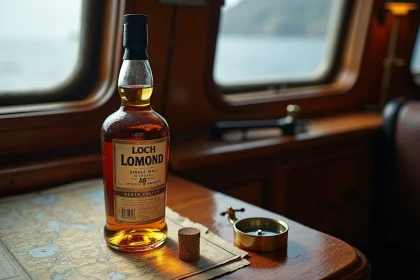 Bouteille de whisky single malt posée sur un bureau de capitaine en chêne avec cartes nautiques et boussole en laiton, ambiance cabine marine vintage
