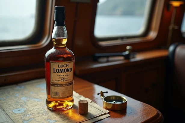 Bouteille de whisky single malt posée sur un bureau de capitaine en chêne avec cartes nautiques et boussole en laiton, ambiance cabine marine vintage